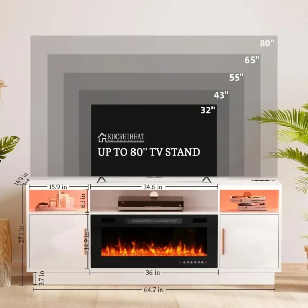 70''TV Stand with 36''Fireplace-LED Light Entertainment Center for 75+inch TV-White TV Cabinet,Modern TV Console for Living Room - Image 2
