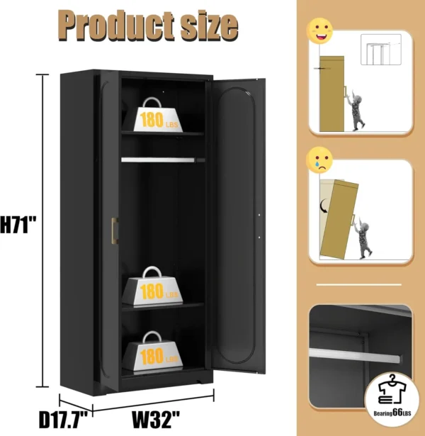 71" Tall Metal Storage Cabinet, Armoire Wardrobe Closet with Hanging Rod, Metal Clothing Storage Cabinets, Black Bedroom - Image 2