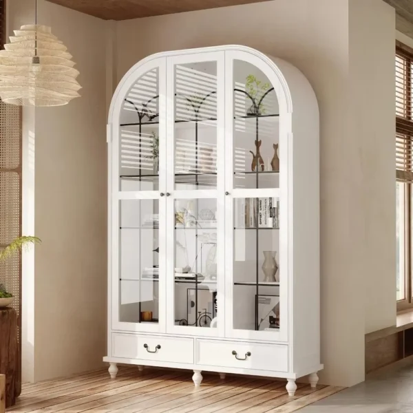 Display Cabinet with Glass Doors,Curio Cabinet with Drawers and Shelves,White Glass Storage Cabinet, Living Room Kitchen
