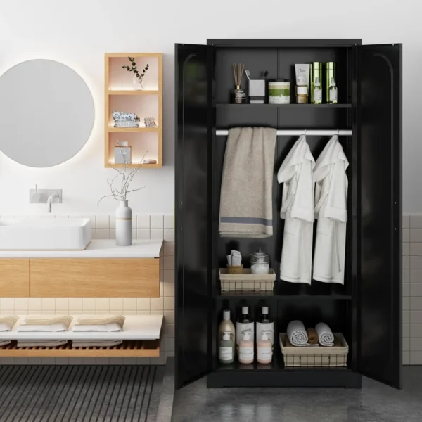 71" Tall Metal Storage Cabinet, Armoire Wardrobe Closet with Hanging Rod, Metal Clothing Storage Cabinets, Black Bedroom - Image 3
